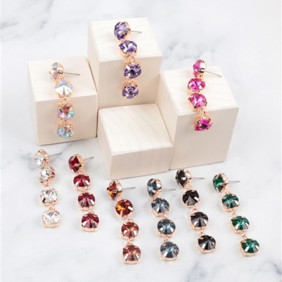 NEW JEWELRY ARRIVAL FOUR RHINESTONE DROP DANGLING EARRINGS-FUCHSIA - Picture 3 of 3